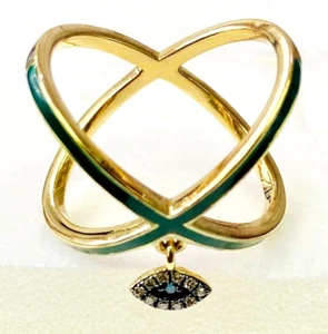 HSN Rarities Diamond & Enamel Sterling Evil Eye Charm Cross Ring Size 6 - Picture 1 of 9