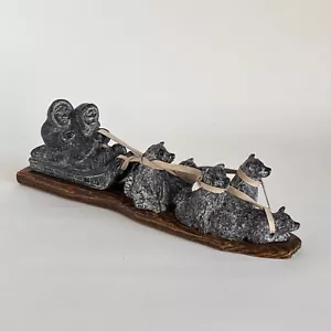Vintage Dog Sled Soapstone Sculpture Resin Base Wolf Inuit Eskimo Wolf Original - Picture 1 of 12