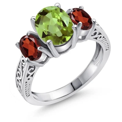 Anillo de 3 piedras de peridoto y granate de 2,45 quilates para mujer | Plata de ley 925 | Foto 1 de 4