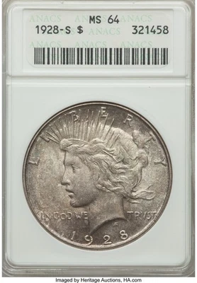 1928-S Peace Dollar ANACS 64. - KEY DATE. **BEST PRICE ON EBAY** - Image 1 of 2
