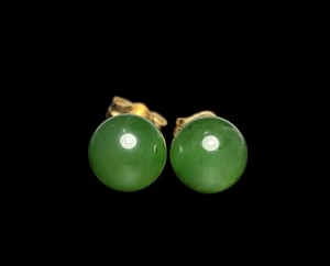 7mm GREEN JADE & 14K Yellow Gold EARRING STUDS - Picture 1 of 2