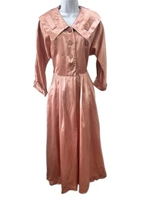 Vintage 1940s Mayan Taffeta Dress Pink Collar Buttons Midi Old Hollywood Rare - Picture 1 of 14