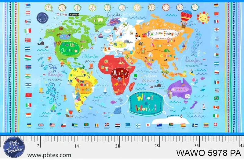 Panel de 24" X 44" What a World Map Panel Continents Tela de Algodón D655.17 Foto 1 de 1