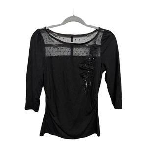White House Black Market Lace Floral 3/4 Sleeve Top Black Whimsigoth Size Small - Picture 1 of 6