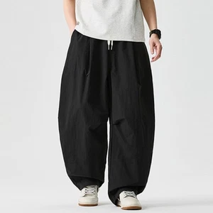 Men Loose Casual Cargo Pants Lace Up Elastic Waist Straight Leg Trousers Classic - Picture 1 of 14