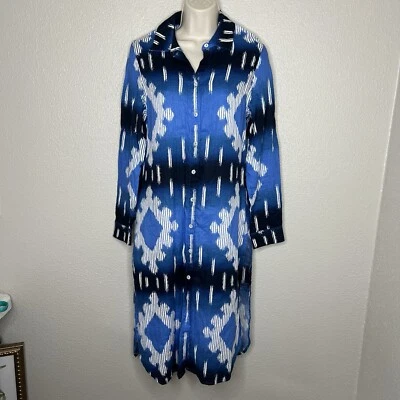 Vestido Camisa Chicos Lino Estampado Ikat Talla 4/6 Azul Blanco Mangas Largas Botón Completo Foto 1 de 4