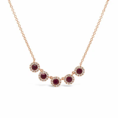 Ruby Diamond Necklace 14K Rose Gold Womens Round Cut Natural 0.65CT 5 Stone Halo - Image 1 of 3