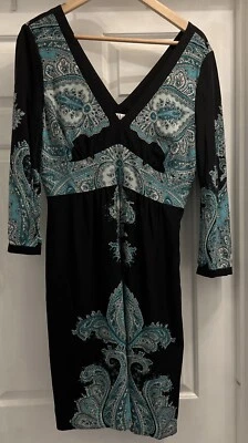 Vestido TIBI Negro/Turquesa Cachemira Manga 3/4 Cuello en V 100% Seda Talla 8 Carrera Foto 1 de 4