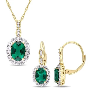Amour 14k Yellow Gold Created Emerald White Topaz & Dia. Necklace & Earrings Set - Picture 1 of 4