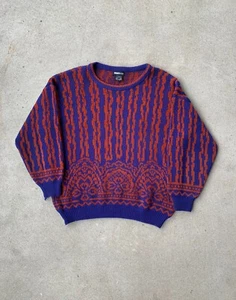 Vintage patterned sweater 80s 90s Panther Size M Colorful blue and orange Funky - Picture 1 of 9