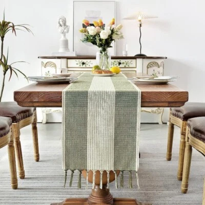 Rectangle Hollow Out Table Runner Tablecloth Striped Two Tone Fringe Party Decor - Image 1 of 4