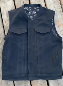 Men's Fairfax Raw Canvas Collarless Vest 2 Pistol Pete Pockets Paisley Liner Blk - Picture 1 of 7
