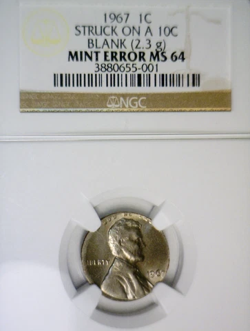 1967 ERROR NGC MS64 Off Metal Lincoln Cent on DIME Wrong PLANCHET CH BU Coin  NR Cover