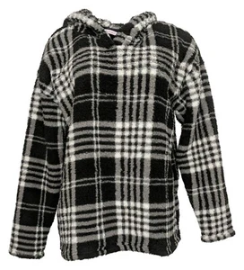 M AnyBody Printed Sherpa Pull Over Hoodie Black Plaid A554872 Women's MEDIUM - Picture 1 of 5
