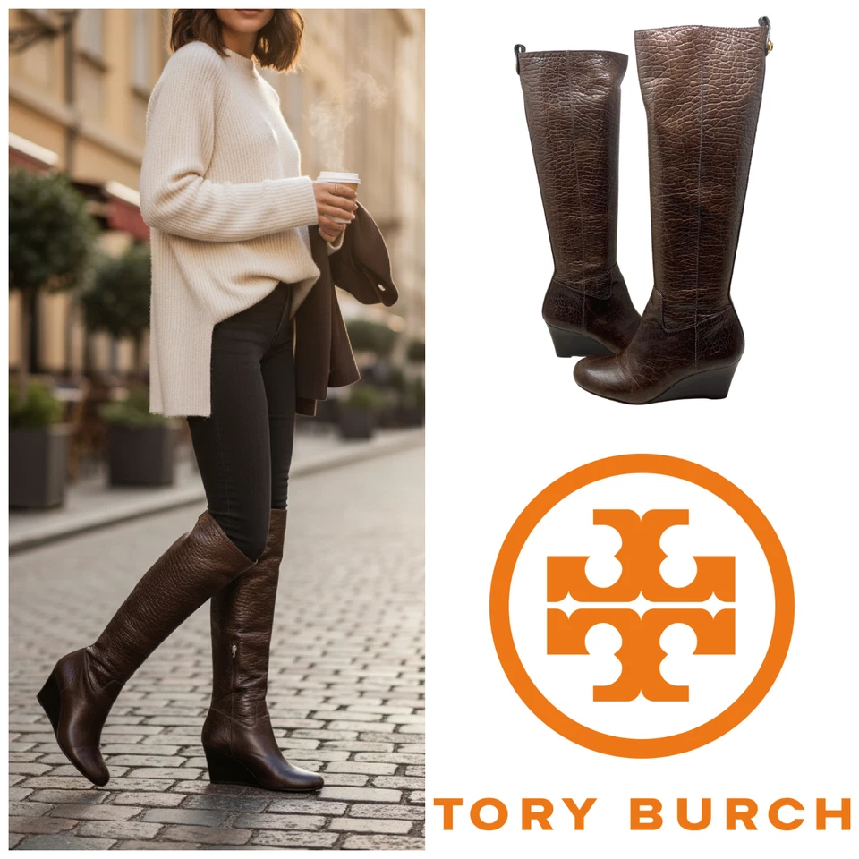 Botas de cuña hasta la rodilla Tory Burch Dabney marrón cocodrilo cuero de becerro en relieve talla 6 Foto 1 de 4