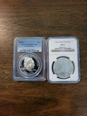 1990 P & W EISENHHOWER SILVER $1  PCGS PR 69 DCAM & NGC MS 69 - Image 1 of 2