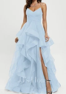 JJ's House Sz 4 Blue V-Neck Sweep Ruffled Train fitted bodice & leg slit 287139 - Picture 1 of 19
