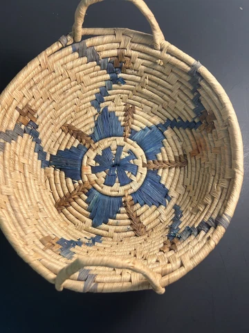Coiled Basket Bowl Handmade Waved 9” Round Sea Grasses Handle Bohemian Tribal Bl Cover