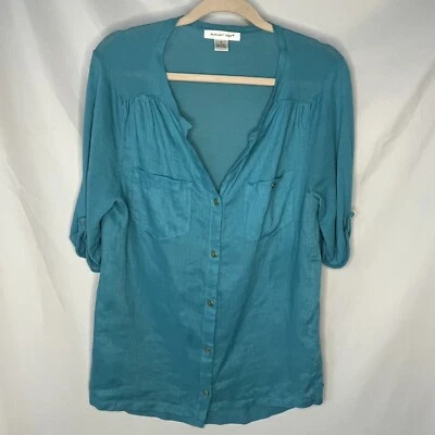 Top August de seda con botones para mujer M mezcla de lino delantero tejido lino trasero azul claro Foto 1 de 4