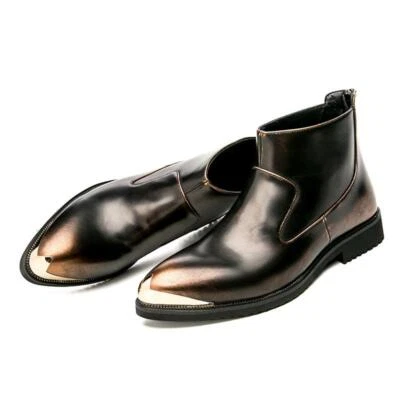 Mens Ankle Boots Block Heel Metal Pointy Toe Back Zip Casual Shiny Fashion Shoes - Image 1 of 4