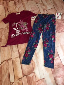 Girls Outfit ALL I WANT IS EVERYTHING Pink T-Shirt BLUE LEGGINGS Roses XS - Picture 1 of 4