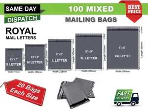 100 Mixed Mailing Plastic Bags Poly Postage Parcel Bags Grey Postal in 5 Sizes - Picture 1 of 1