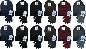 24 Units of Mens Warm Winter Hats And Glove Set Solid Assorted Colors - Picture 1 of 7