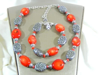 NWOT BRIGHTON FULL MOON RISING RED BAMBOO CORAL SILVER PLATED NECKLACE BRACELET - Image 1 of 4