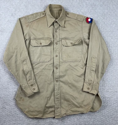 Camisa Vintage Segunda Guerra Mundial Ejército de los Estados Unidos Talla 15x32 Militar Beige Algodón 9º Parche de Infantería Foto 1 de 4