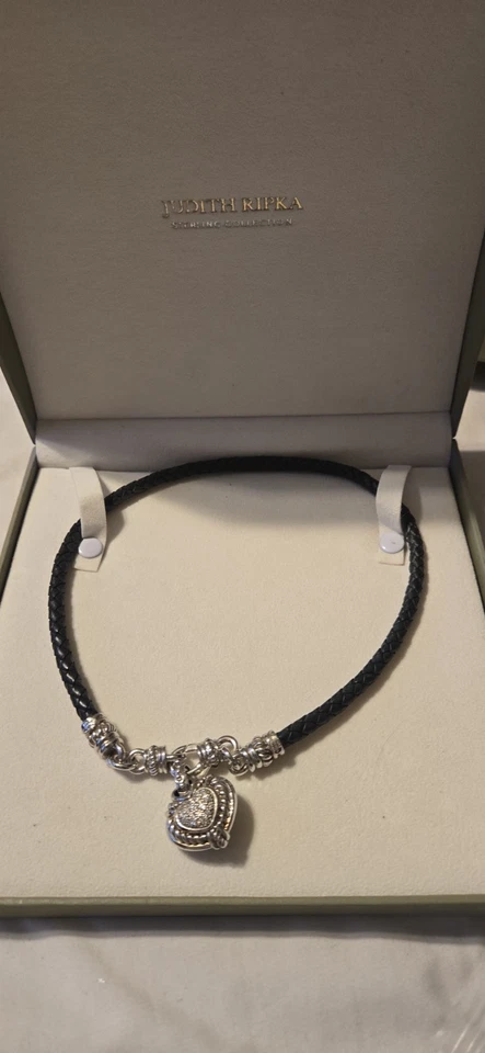 Collar Colgante Corazón Diamante Cuero Negro Plata Esterlina Judith Ripka De Colección Foto 1 de 1