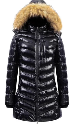 Abrigo largo acolchado con capucha de piel - Chaqueta de invierno azul brillante burbuja, acolchado cálido Foto 1 de 4