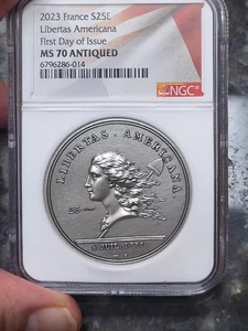 2023 France LIBERTAS AMERICANA First Day NGC MS70 Antiqued 25 Euro TWO OUNCE - Picture 1 of 5