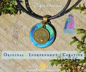 Zodiac Aquarius Water Bearer Sun Sign Pendant Necklace Hand Painted Astrology - Picture 1 of 10