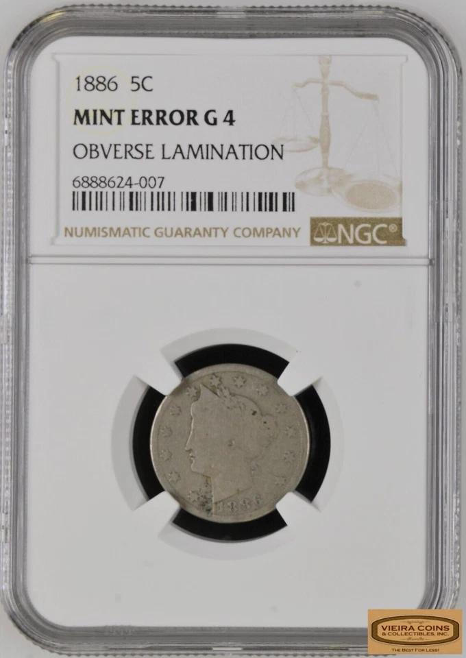 1886 Liberty Head 5 Cents, NGC G4 MINT ERROR Observe Lamination - #B35986 - Image 1 of 2