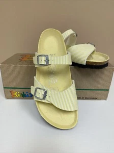 Birkenstock Birki’s Aziza Yellow & White Stripe 2 Strap Sandals US 5 EU 36 - Picture 1 of 10
