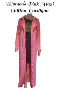 Women's Maxi Pink Chiffon Cardigan Large Size Long Sleeve Beach Cover Up Casual - Picture 1 of 8