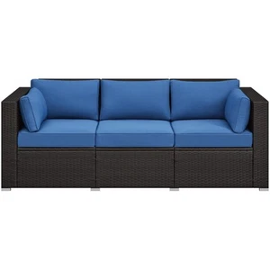 Sofa De Mimbre De 3 Plazas Con Cojines Azul Modernos Muebles Para Patio Exterior - Picture 1 of 9