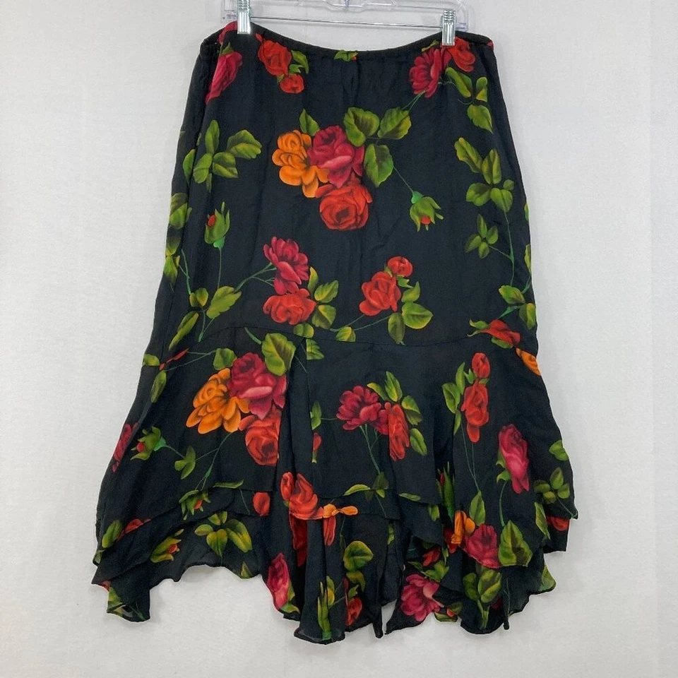 Falda romántica asimétrica vintage Chico's talla XL/3 floral oscura con volantes de seda pura Foto 1 de 4