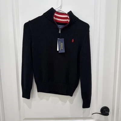 NUEVO Polo Ralph Lauren Niños Cuarto 1/4 Cremallera Pullover Suéter Negro Talla 8 Nuevo con Etiquetas Foto 1 de 4