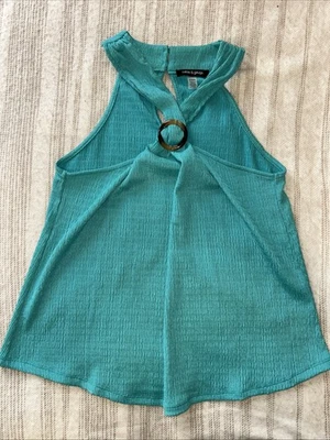 Camiseta sin mangas con cable y calibre sin mangas verde azulado patrón de punto geométrico medio Foto 1 de 4