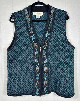 Chaleco Suéter Nórdico Norm Thompson Vintage Talla XL Cremallera Bordado Azul Negro Foto 1 de 4