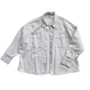 French Connection Denim Shirt Jacket Men's Women's 4 Snap Button Ivory Oversized - Picture 1 of 10