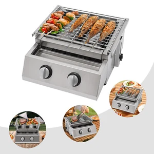 2 Burner Tabletop Propane Gas Grill Stainless Steel Outdoor BBQ Camping Griddle - Picture 1 of 17