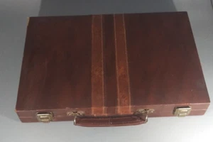 Vintage Briefcase Backgammon Set Leather Brown Travel Outside Shows Wear - Picture 1 of 9