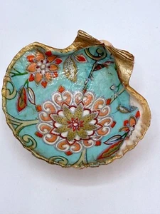 Plato de baratija de flores florales con concha de decoupage para joyería adorno dorado hecho a mano - Imagen 1 de 10