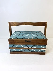 Sewing Basket Wood & Fabric- Tapestry Cloth Covered & Padded Velvet Lined - Picture 1 of 10