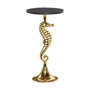 Litton Lane End Table 13"x24.75" Large Round Marble Top Aluminum Gold Sea Horse - Picture 1 of 11