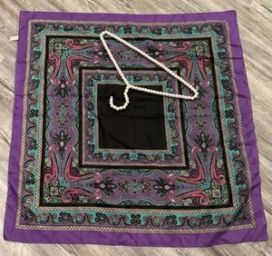 VTG 90’s Black Center Purple Teal Paisley Print Italy Made Squared Scarf  30” - Picture 1 of 11