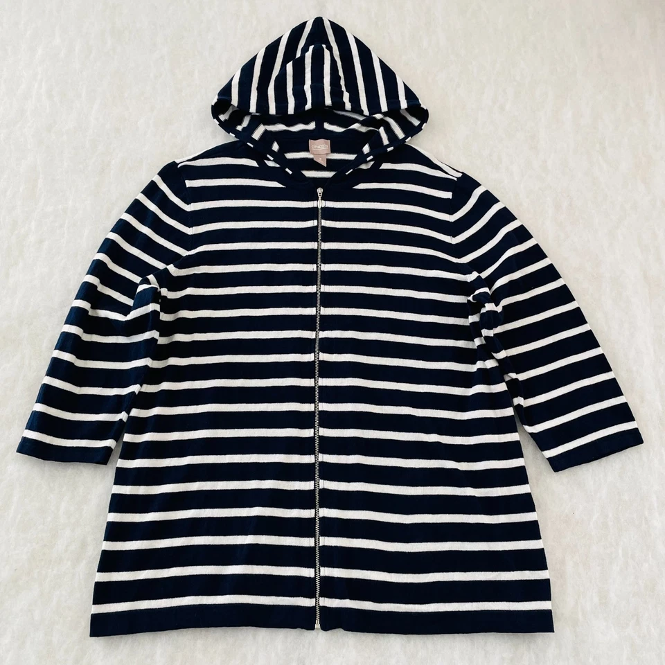 Chico's Womens Navy Blue Striped Casual Comfort Full Zip Hoodie Size 3 US XL - Image 1 of 4
