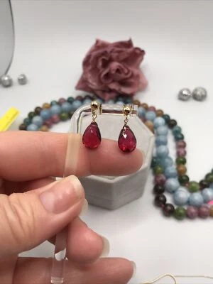 14k Rubellite Pink Tourmaline Dangle Earrings Briolette Ball Stud SIMULATED - Image 1 of 4